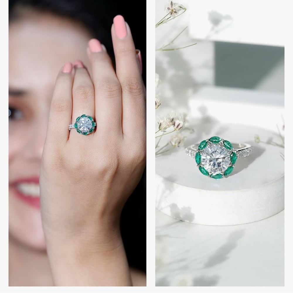 Elegant Moissanite and Emerald Halo Ring Sz 5